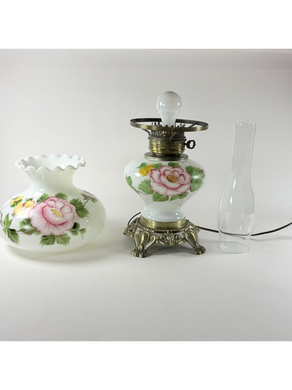 Vintage Hurricane Table Lamp Hand Painted Pink & Yellow Flowers Metal Base Works